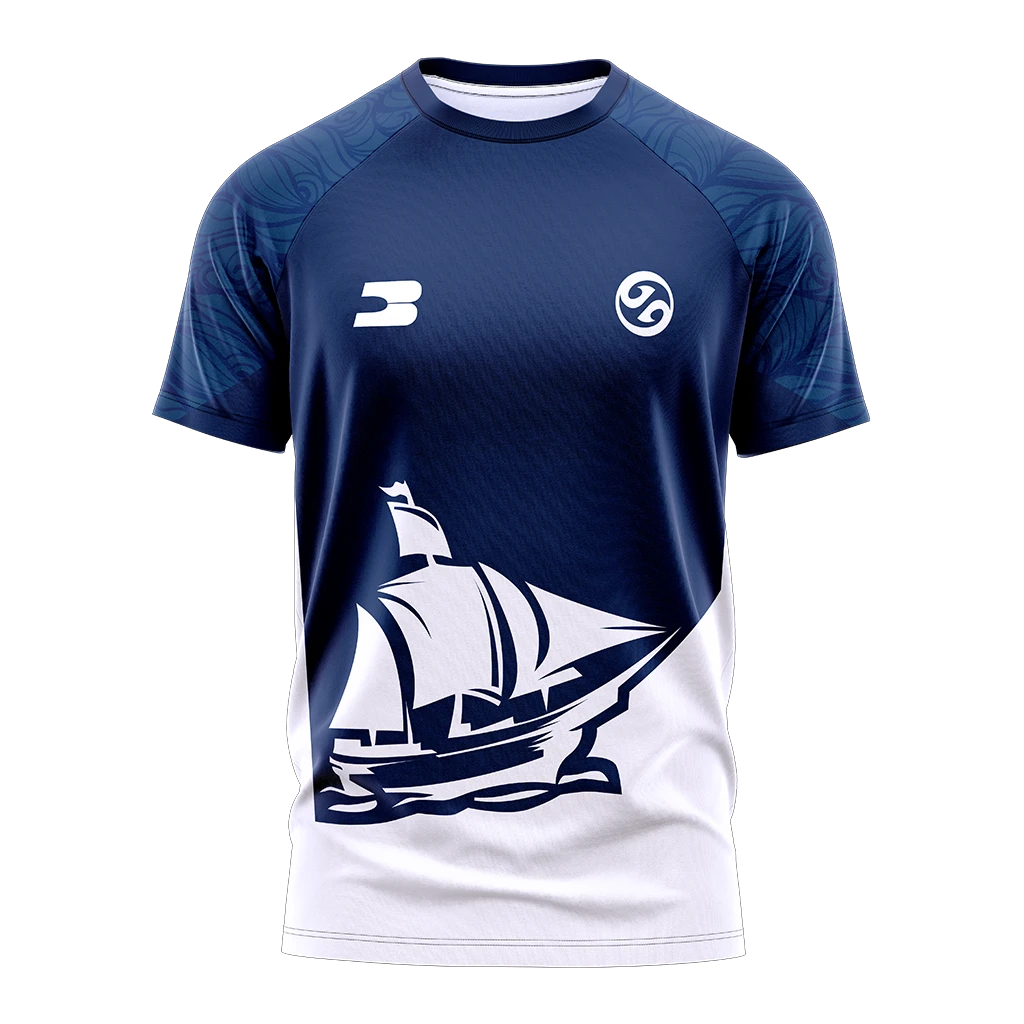 Vue de face du maillot HooK Esport avec sa voile blanche sur fond bleu